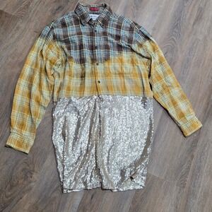 Flash & Trash Upcycled Plaid Flannel Sequin Shirt Brown Yellow Silver Medium